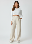 Tailored Trousers Women High Waist Button Detail Straight Leg