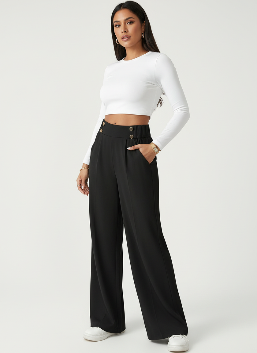 Tailored Trousers Women High Waist Button Detail Straight Leg