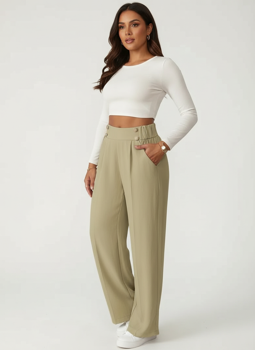 Tailored Trousers Women High Waist Button Detail Straight Leg