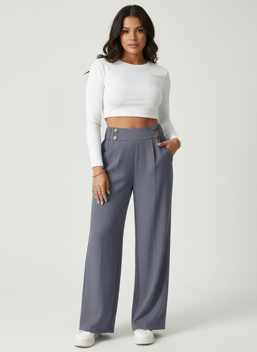 Tailored Trousers Women High Waist Button Detail Straight Leg