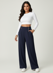 Tailored Trousers Women High Waist Button Detail Straight Leg