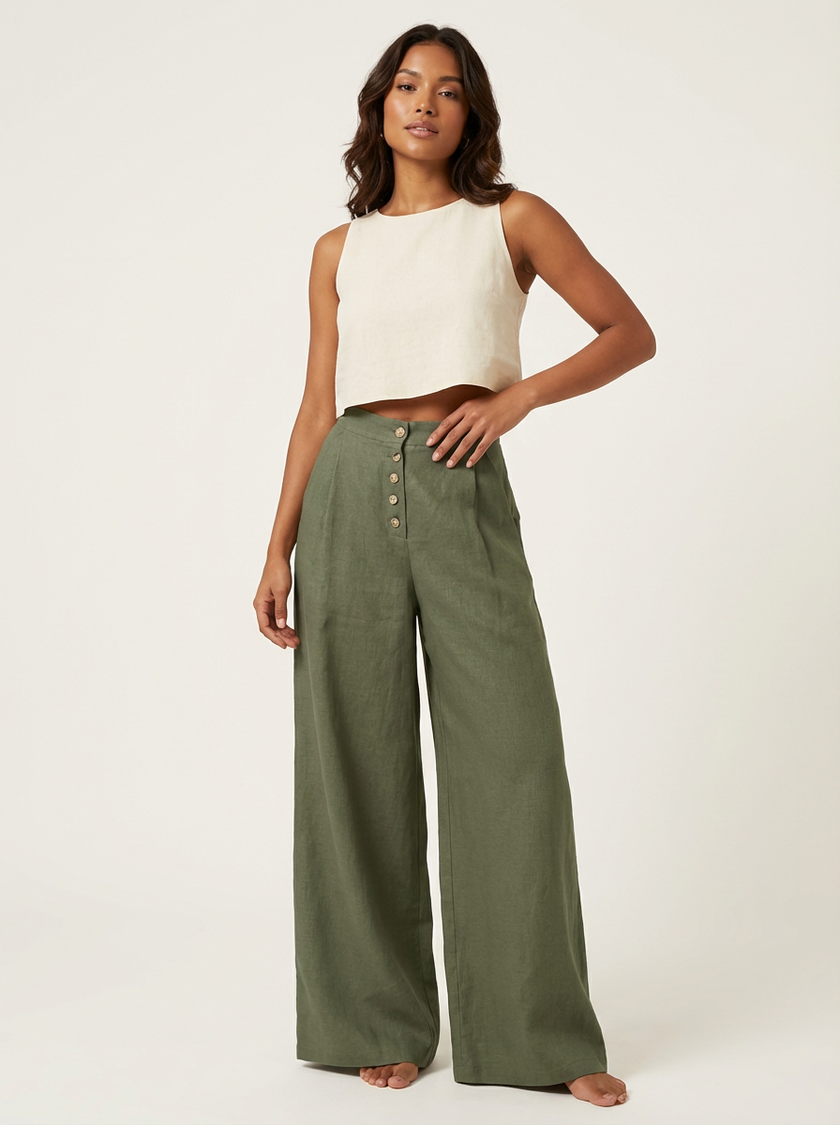 Palazzo Trousers Women High Waist Wide Leg Button Front