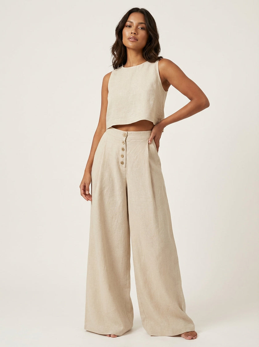 Palazzo Trousers Women High Waist Wide Leg Button Front