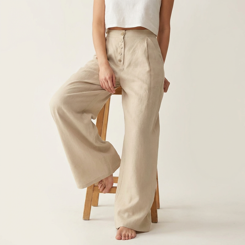 Palazzo Trousers Women High Waist Wide Leg Button Front