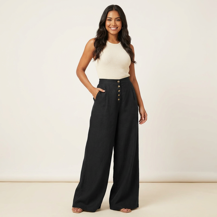 Palazzo Trousers Women High Waist Wide Leg Button Front