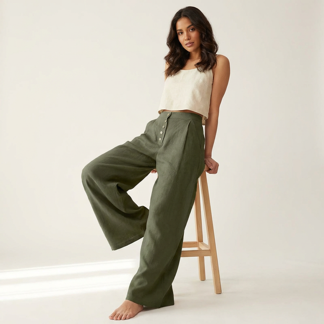 Palazzo Trousers Women High Waist Wide Leg Button Front