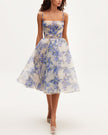 FJØRNA 2024ss halter print casual mini dress with hydrangea pattern and spaghetti straps, perfect for summer wear.