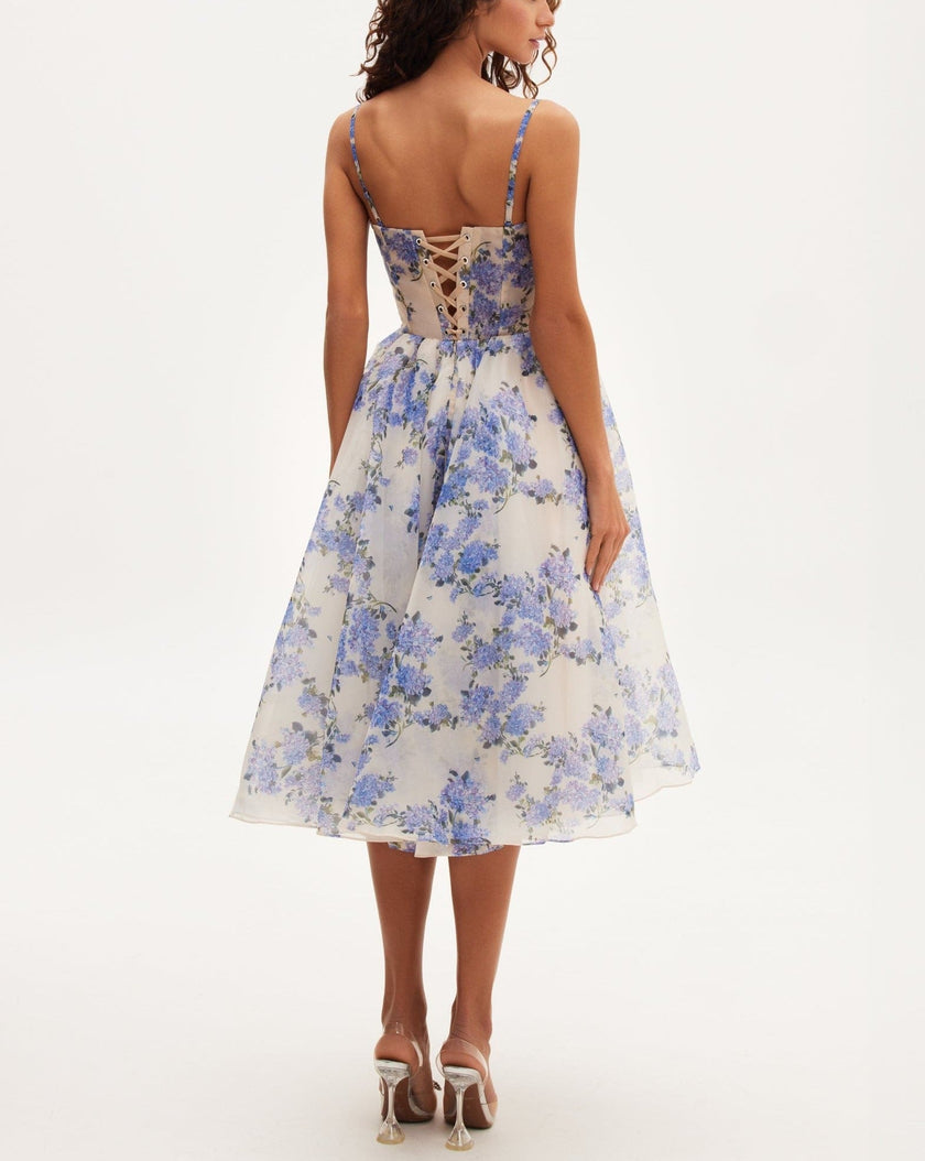 FJØRNA 2024SS halter print casual mini dress with hydrangea pattern, spaghetti straps, perfect for summer wear
