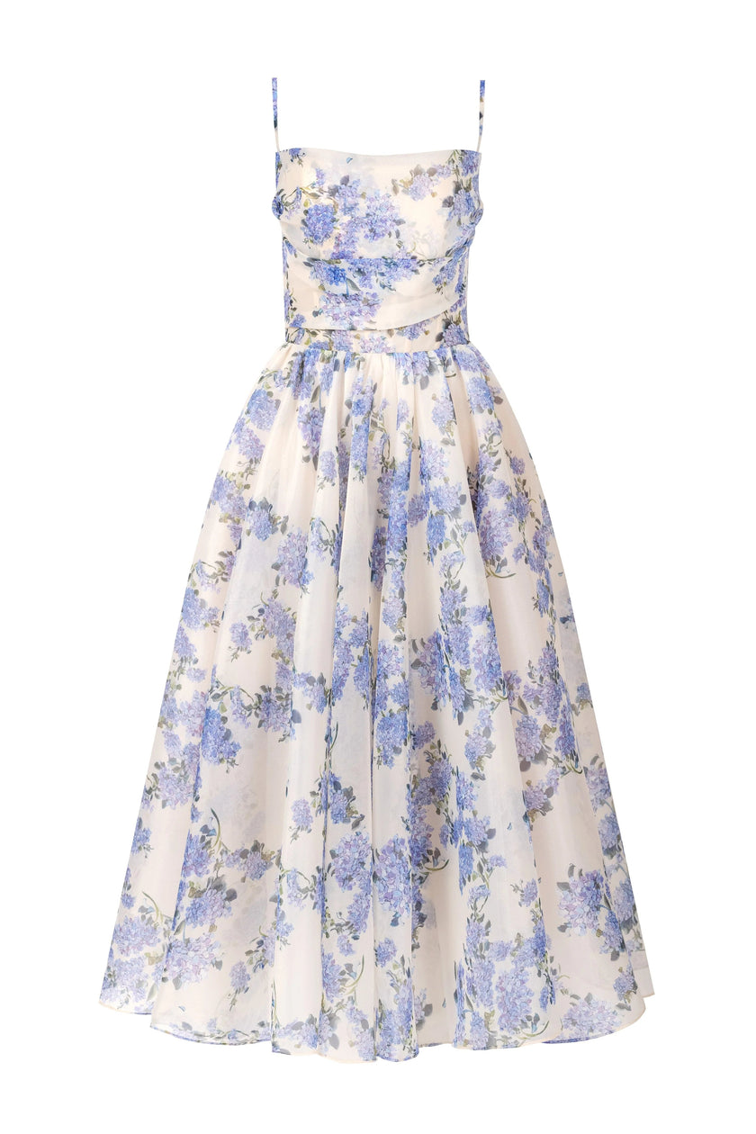 FJØRNA 2024SS halter print casual mini dress with hydrangea pattern, spaghetti straps, perfect for summer wear.