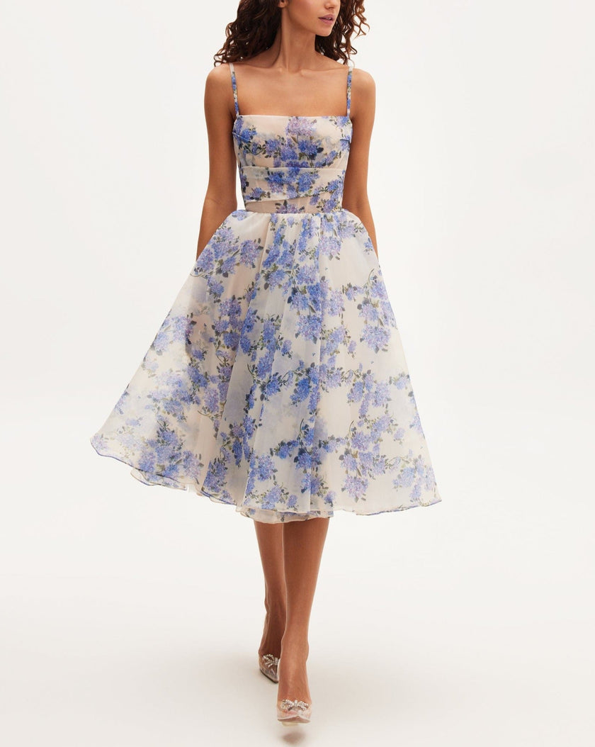 FJØRNA 2024ss halter print casual mini dress with hydrangea pattern and spaghetti straps, perfect for summer wear.