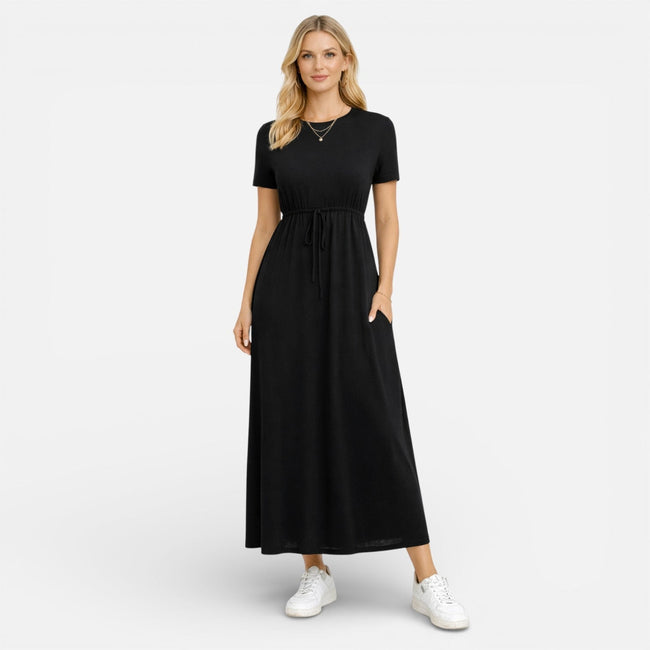 Women's FJØRNA cotton maxi dress with short sleeves, comfortable and classic for casual wear, shown in a natural fabric and fit.