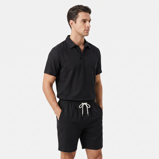 Men's linen short sleeve polo shirt and matching shorts set by FJØRNA, casual summer outfit with breathable fabric and stylish design.