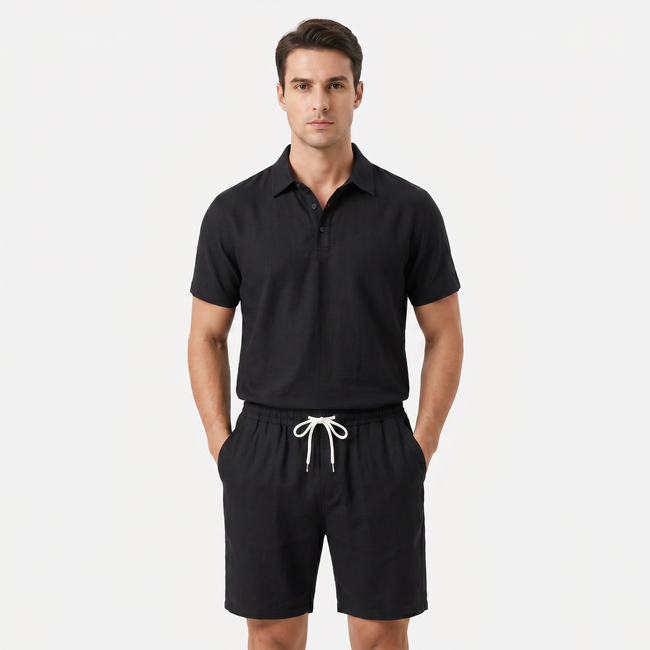 Men's linen short sleeve polo shirt and shorts set by FJØRNA, casual summer outfit with breathable fabric and stylish design.
