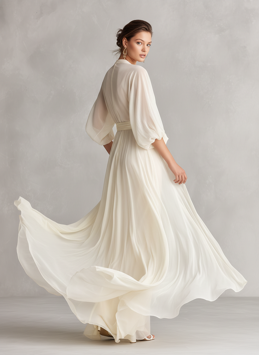 Ivory chiffon wrap dress for women by FJØRNA, flowing fabric, elegant design, shown on a model with a soft background.