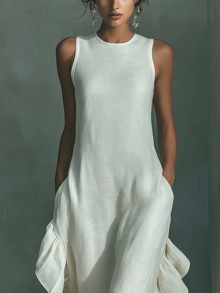 Ivory linen ruffle maxi dress for women by FJØRNA, featuring flowing fabric and elegant ruffle details.