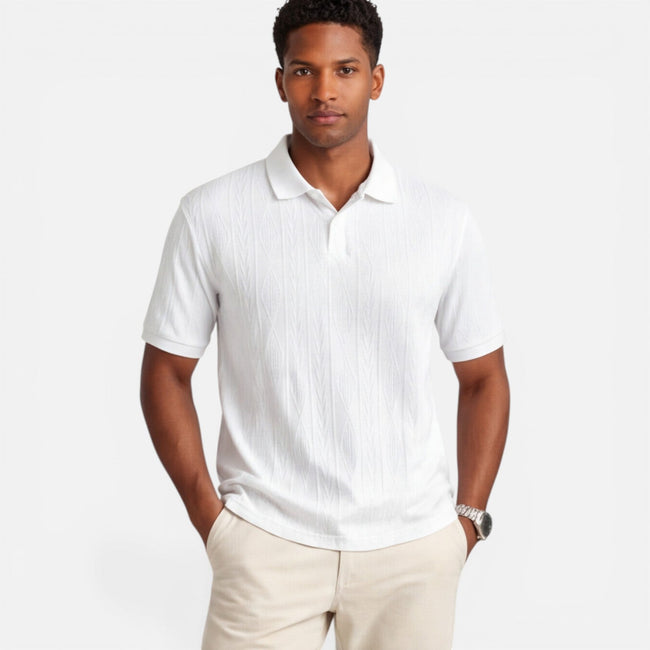 Men's FJØRNA Jacquard Knit Polo Shirt, breathable slim fit casual shirt with intricate pattern, ideal for summer wear.