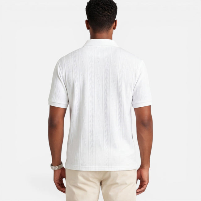Men's FJØRNA Jacquard Knit Polo Shirt in breathable, slim fit design, ideal for casual summer wear, with detailed knit pattern.