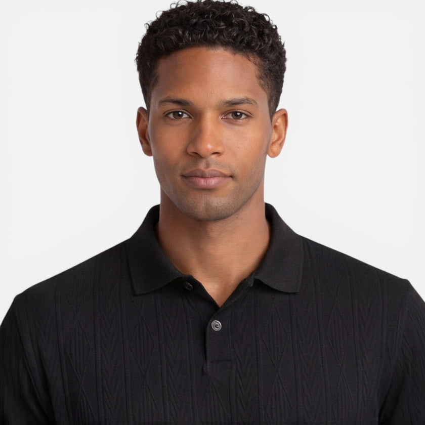 Men's breathable slim fit Jacquard knit polo shirt by FJØRNA, featuring a detailed pattern and casual summer style.