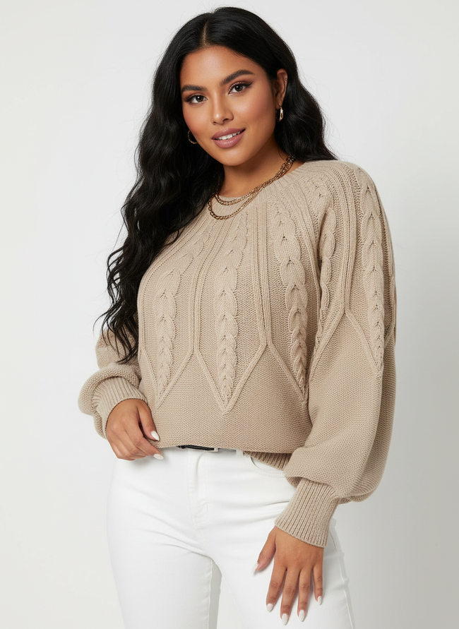 Cable Knit Sweater Women Volume Sleeves Relaxed Fit