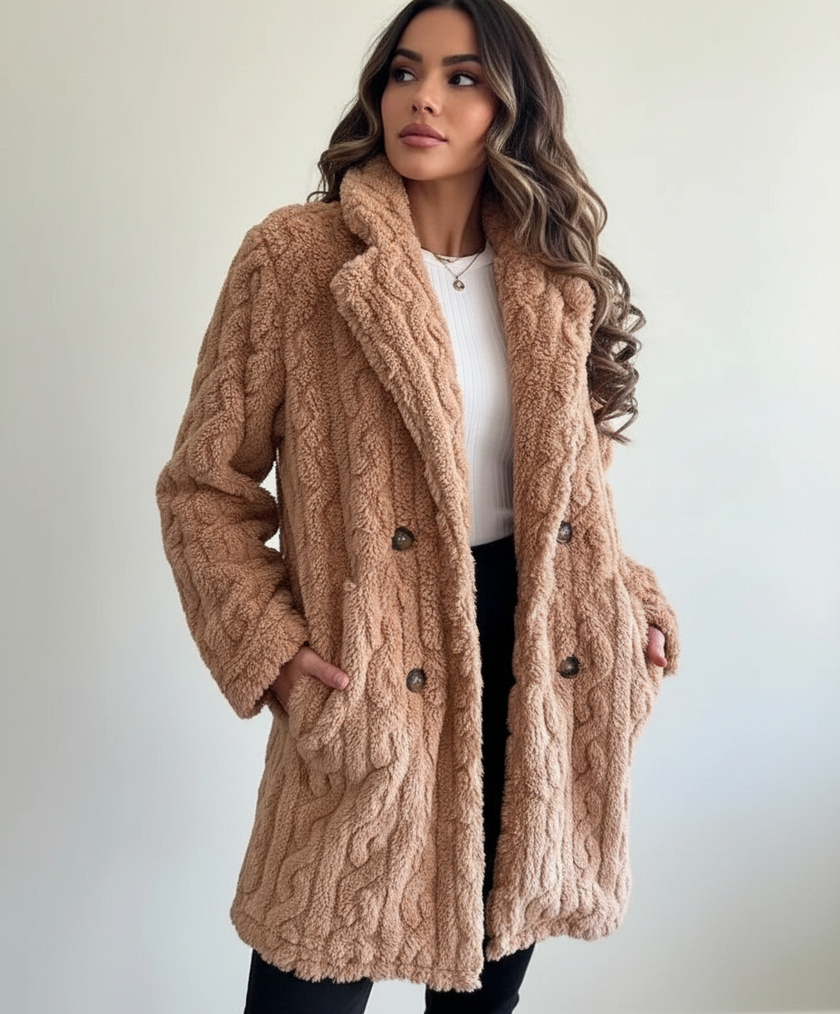 Teddy Coat Women Cable Knit Longline Button Front