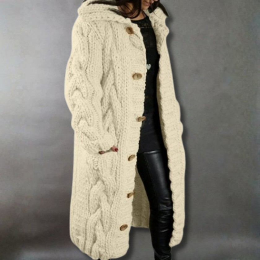 Knit Coat Women Oversized Cable-Knit Hooded Full-Length