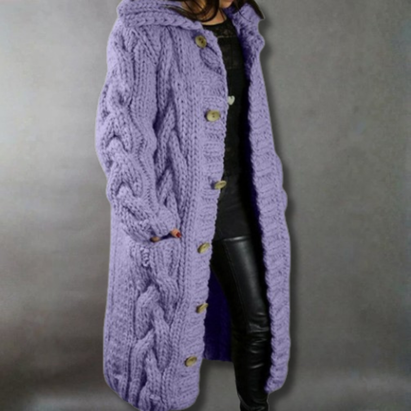 Knit Coat Women Oversized Cable-Knit Hooded Full-Length