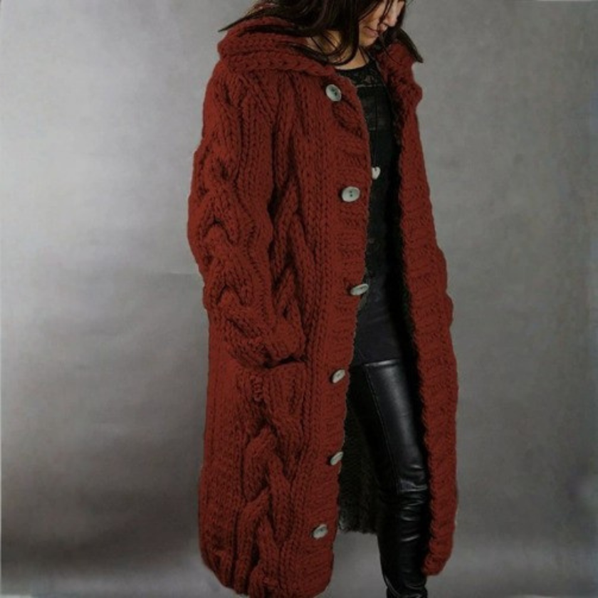 Knit Coat Women Oversized Cable-Knit Hooded Full-Length