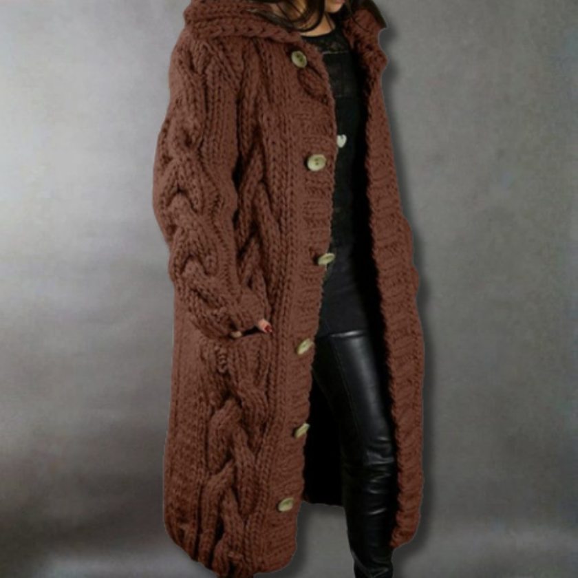 Knit Coat Women Oversized Cable-Knit Hooded Full-Length