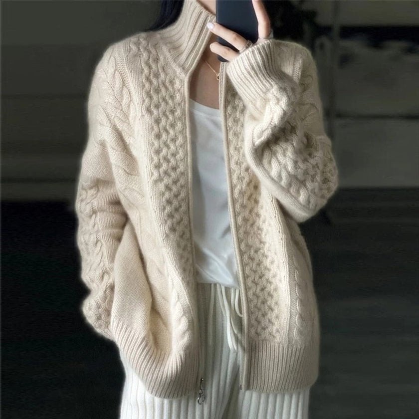 High Neck Cable Knit Cardigan Women Soft Relaxed Fit