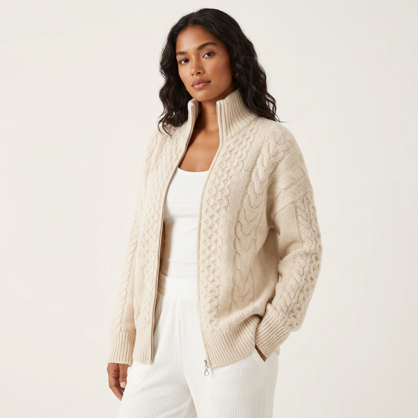 High Neck Cable Knit Cardigan Women Soft Relaxed Fit