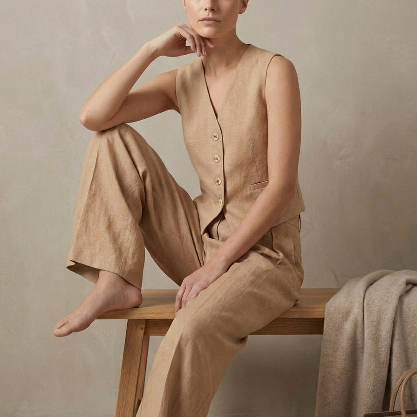 Khaki linen two-piece women's co-ord set with pleated top and matching trousers by FJØRNA.