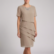 Khaki elegant women's ruffle chiffon dress by FJØRNA, featuring a flowy design and feminine details, perfect for special occasions.