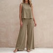 FJØRNA women's khaki two-piece summer co-ord set with pockets, casual matching clothing for warm weather.