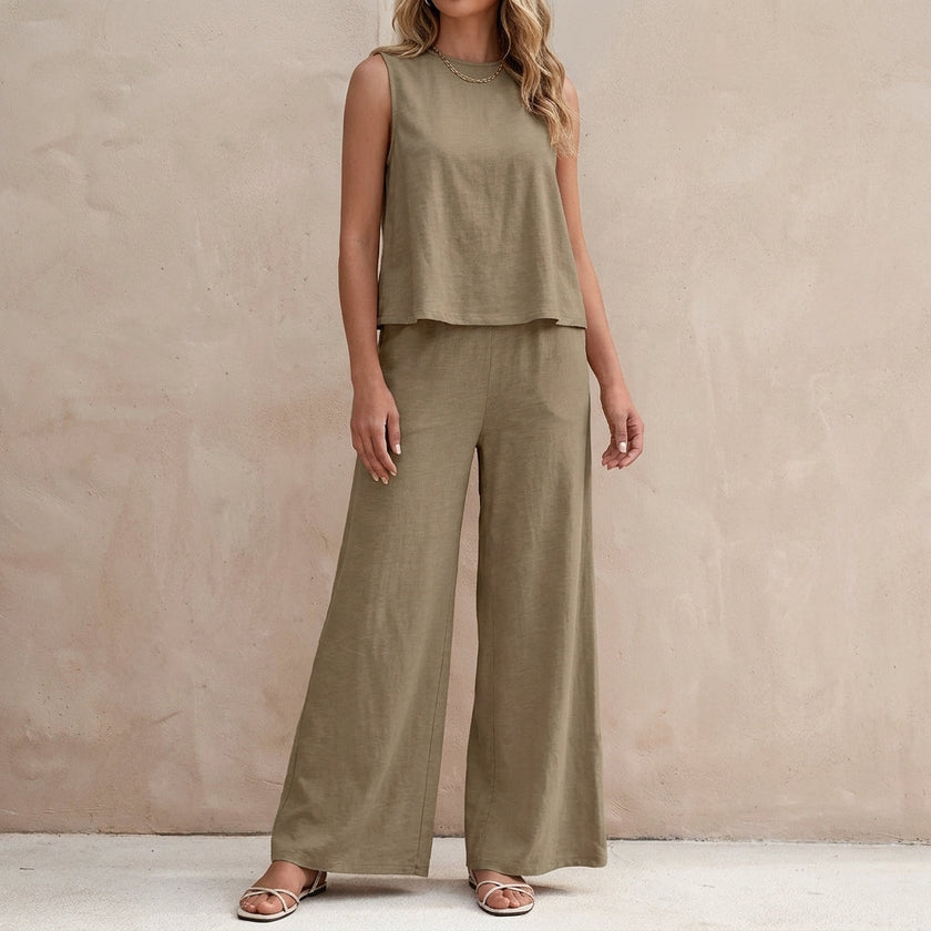 FJØRNA women's khaki two-piece summer co-ord set with pockets, casual matching clothing for warm weather.