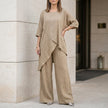FJØRNA summer two-piece women's co-ord set in khaki with an asymmetric design, featuring a crop top and matching high-waisted shorts.