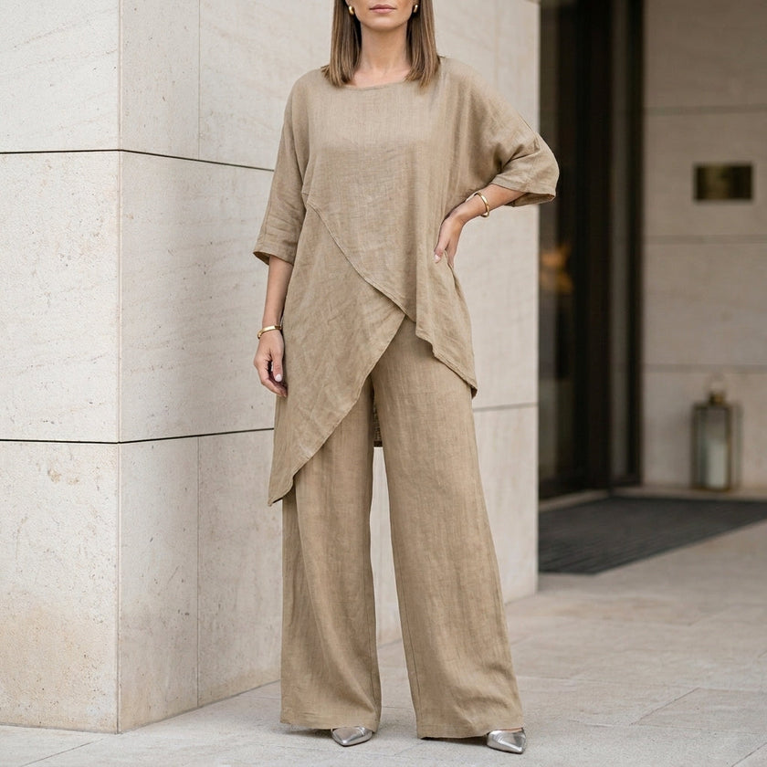 FJØRNA summer two-piece women's co-ord set in khaki with an asymmetric design, featuring a crop top and matching high-waisted shorts.