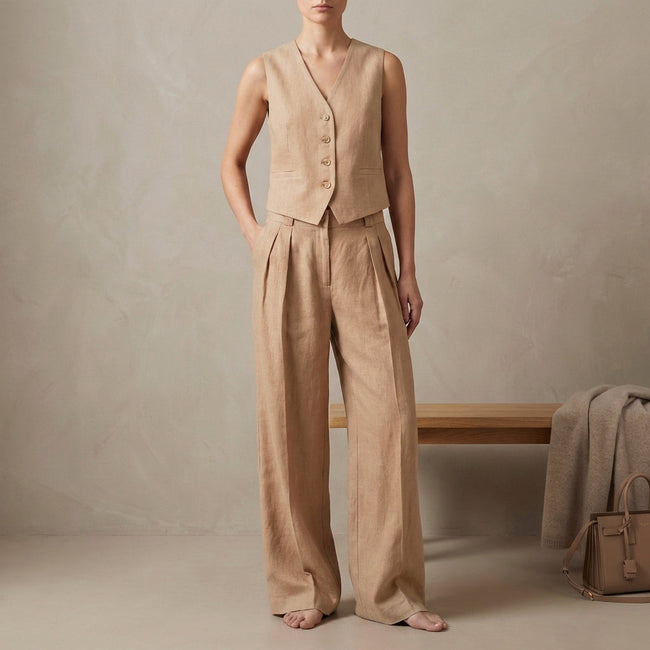 Khaki linen two-piece women's co-ord set with pleated design, stylish and elegant FJØRNA clothing for casual or dressy occasions.