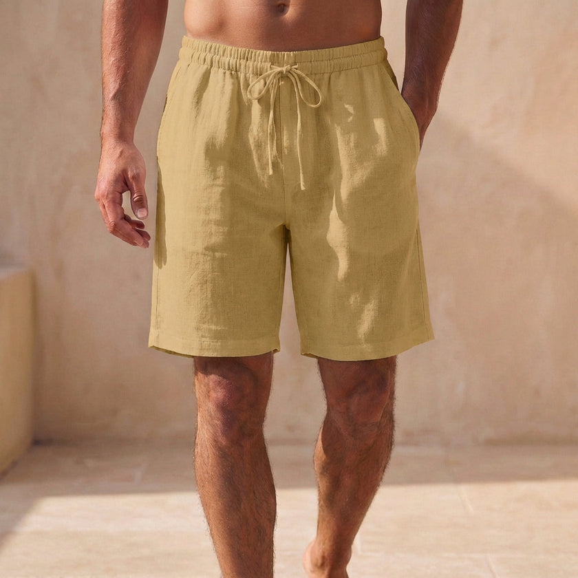 Men's khaki quick-dry above-the-knee swim shorts by FJØRNA, relaxed fit, ideal for summer beach or pool activities.