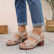 Khaki FJØRNA orthopedic platform block heel sandals with open toe and cut-out design, showcasing a stylish and supportive footwear option.