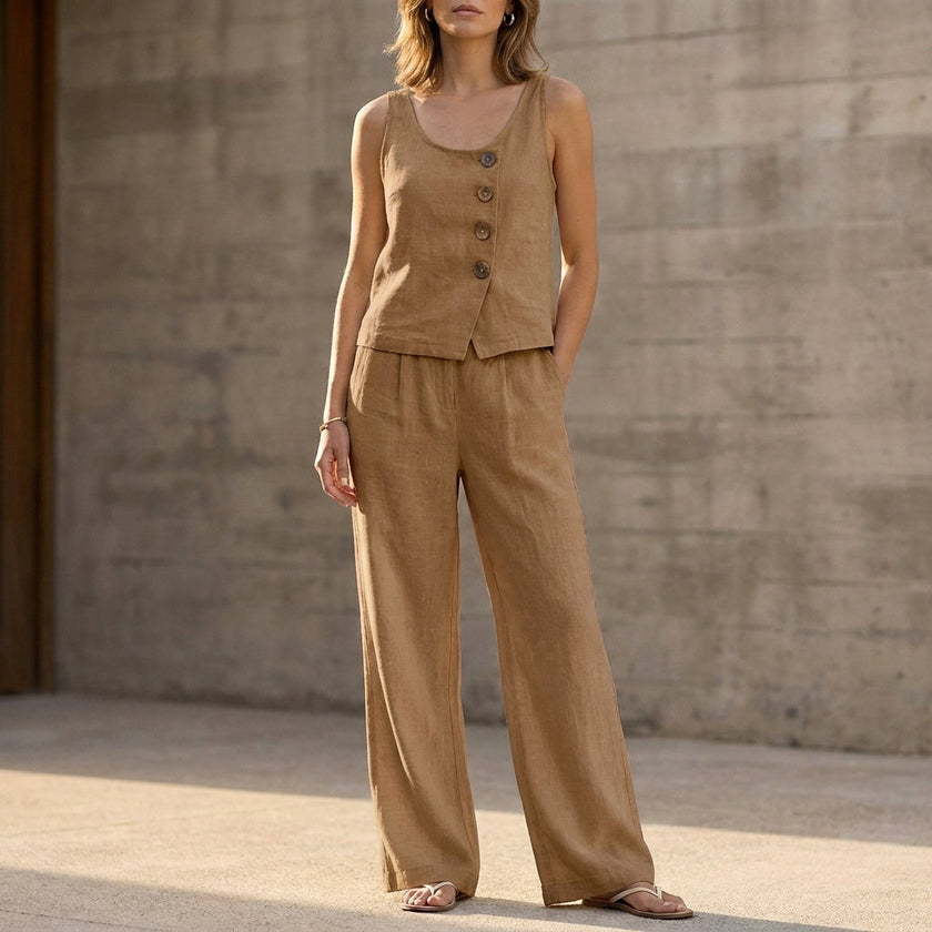 Khaki women's summer two-piece co-ord set by FJØRNA with pockets, casual style, featuring a matching top and pants.