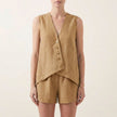 FJØRNA women's khaki two-piece co-ord set with button front V-neck top and matching pants, stylish and modern casual wear.