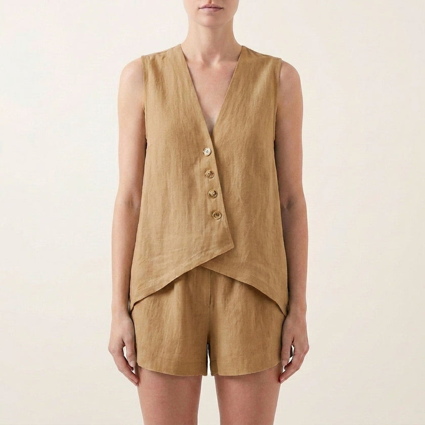 FJØRNA women's khaki two-piece co-ord set with button front V-neck top and matching pants, stylish and modern casual wear.