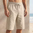 Beige linen drawstring chino shorts for men by FJØRNA, tailored fit with front pockets and relaxed casual style.