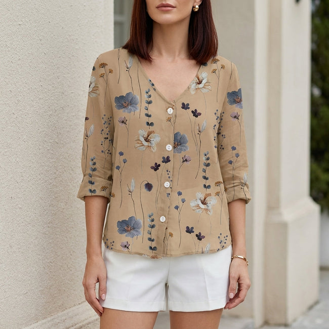 FJØRNA women's summer blouse with floral pattern, V-neck, khaki denim fabric, button front, stylish women's top.