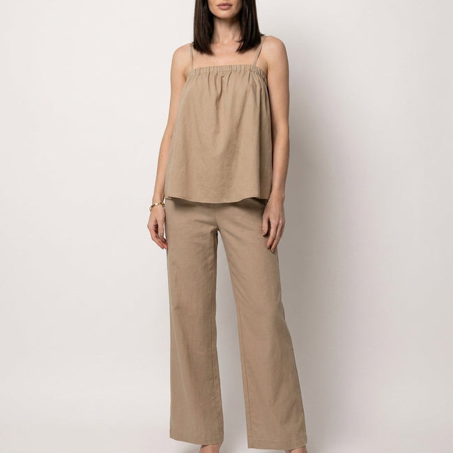 FJØRNA summer two-piece women's co-ord set in khaki with wide-leg pants, lightweight and stylish for warm weather.