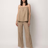 FJØRNA summer two-piece women's co-ord set in khaki with wide-leg pants, lightweight and stylish for warm weather.