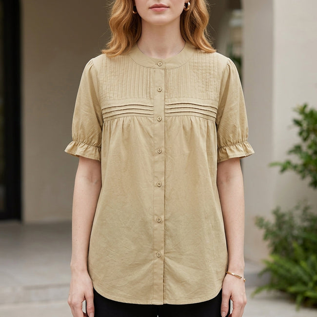 Khaki women's summer blouse by FJØRNA featuring puff sleeves and a button-front denim design.
