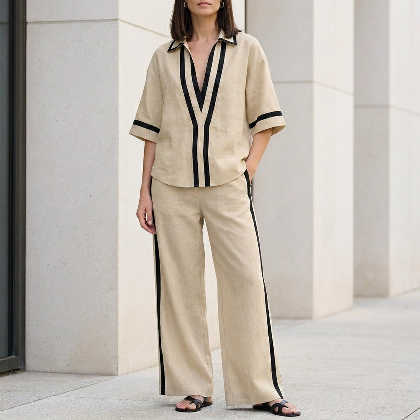 Khaki FJØRNA women's two-piece co-ord set with wide-leg pants and V-neck top, stylish and elegant for casual or dressy wear.