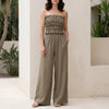 Khaki summer two-piece women's co-ord set from FJØRNA with ruffle accents, including a sleeveless top and matching shorts.