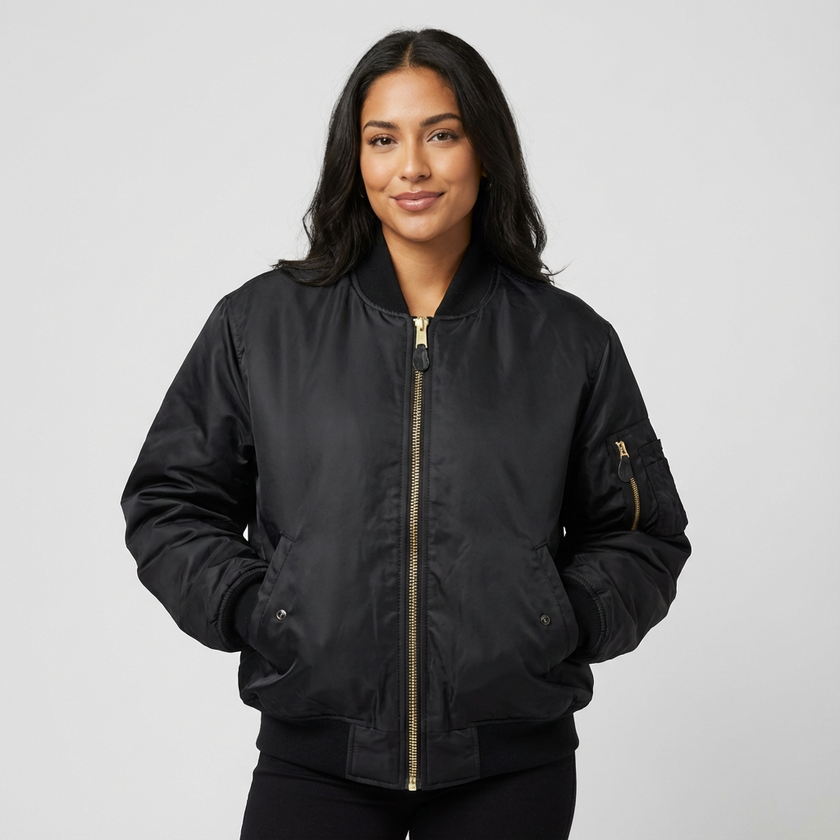 Bomber Jacket Women Satin Utility Pockets Classic